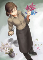Rule 34 | 1girl, apron, asymmetrical bangs, bearclaw, breasts, brown eyes, brown hair, collared shirt, dress shirt, florist, flower, flower pot, from above, full body, grey shirt, lily (flower), medium breasts, one eye closed, original, pants, plant, ponytail, potted plant, scissors, shirt, shoes, short ponytail, smile, smirk, solo, standing, waist apron