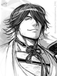 Rule 34 | 1boy, armor, artist name, chest hair, closed mouth, collarbone, facial hair, greyscale, hair over one eye, highres, igote, japanese armor, looking at viewer, male focus, manomarino, monochrome, multicolored hair, nagasone kotetsu, signature, simple background, smile, touken ranbu, twitter username, upper body, white background