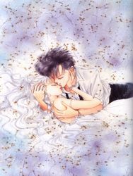 Rule 34 | 1990s (style), 1boy, 1girl, bishoujo senshi sailor moon, black hair, bracelet, chiba mamoru, closed eyes, commentary, couple, double bun, dress, dress shirt, endymion, hair bun, hand on another&#039;s face, hetero, holding, hug, jewelry, long hair, lying, necktie, off shoulder, official art, parted lips, princess serenity, queen serenity, retro artstyle, ring, scan, scan artifacts, shirt, strap slip, takeuchi naoko, tsukino usagi, twintails, wavy hair, white dress, white hair
