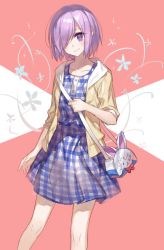 Rule 34 | 1girl, bad id, bad pixiv id, bag, blue dress, blush, casual, character doll, chocoan, closed mouth, collarbone, dress, fate/grand order, fate (series), floral background, fou (fate), hair over one eye, hand up, hood, hoodie, looking at viewer, mash kyrielight, mash kyrielight (senpai killer outfit), official alternate costume, open clothes, open hoodie, pink background, plaid, plaid dress, purple eyes, purple hair, satchel, short hair, smile, solo, standing, two-tone background, white background, white dress