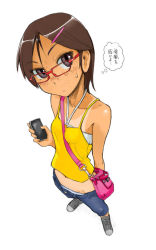 Rule 34 | 1girl, :&lt;, between breasts, breasts, camisole, cellphone, denim, freckles, from above, glasses, hair ornament, hairclip, halterneck, jeans, looking at viewer, midriff, one-piece tan, original, panties, pants, phone, red-framed eyewear, short hair, simple background, small breasts, solo, standing, strap between breasts, sweatdrop, tan, tanline, underwear, white background, white panties, yamamoto canponi