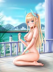 Rule 34 | 1girl, bad id, bad pixiv id, bare shoulders, barefoot, bdsm, blonde hair, blue eyes, blush, breasts, collar, elf, feet, full body, highres, jewelry, large breasts, leash, long hair, necklace, nipples, nude, original, pointy ears, sitting, slave, smile, solo, yuyuyu (pixiv19949705)
