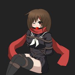 Rule 34 | 1girl, arms behind back, ball gag, bdsm, black background, black shirt, black skirt, black thighhighs, blush, bondage, bound, bound arms, bound legs, breasts, brown eyes, brown hair, feet out of frame, femuto, gag, gagged, hair ornament, hairclip, kagerou project, legs together, long sleeves, looking at viewer, medium hair, neckerchief, one eye closed, pleated skirt, red scarf, scarf, school uniform, serafuku, shibari, shibari over clothes, shirt, simple background, sitting, skirt, solo, tateyama ayano, thighhighs, white neckerchief