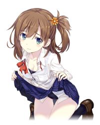 Rule 34 | 1girl, amagai tarou, black legwear, breast pocket, breasts, brown footwear, brown hair, cleavage, clothes lift, collarbone, collared shirt, flower, green eyes, hair between eyes, hair flower, hair ornament, highres, leaning forward, loafers, long hair, long sleeves, looking at viewer, medium breasts, neck ribbon, one-piece swimsuit, one side up, plaid, plaid skirt, pocket, red ribbon, ribbon, school swimsuit, school uniform, shirt, shoes, skirt, skirt lift, solo, sweatdrop, swimsuit, swimsuit under clothes, transparent background, untied, white background, white shirt