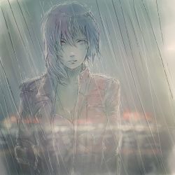 Rule 34 | 1girl, ghost in the shell, ghost in the shell arise, hair between eyes, highres, jacket, kusanagi motoko, lights, looking at viewer, muted color, parted lips, popped collar, purple hair, rain, reflection, short hair, sketch, solo, transparent, valkorn, wet