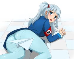 Rule 34 | 1girl, :o, all fours, armband, blue eyes, blue hair, blue pantyhose, blush, breasts, checkered floor, frilled sleeves, frills, highres, huyase, long hair, long sleeves, looking at viewer, looking back, open mouth, original, panties, panties under pantyhose, pantyhose, paper airplane, rkn-chan, solo, underwear