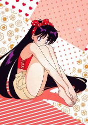Rule 34 | 1990s (style), 1girl, barefoot, bishoujo senshi sailor moon, black eyes, black hair, earrings, hands on feet, highres, hino rei, jewelry, knees up, legs together, long hair, official art, own hands together, retro artstyle, scan, shorts, sitting, solo, stud earrings, tadano kazuko, very long hair