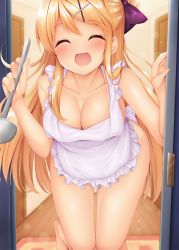 Rule 34 | 1girl, :d, ^ ^, apron, bare shoulders, blonde hair, blurry, blurry background, blush, bow, breasts, cleavage, closed eyes, collarbone, commentary request, depth of field, door, facing viewer, frilled apron, frills, hair bow, hair bun, hair ornament, hairclip, highres, holding, kin-iro mosaic, kujou karen, ladle, large breasts, leaning forward, long hair, minato ojitan, naked apron, open mouth, purple bow, single hair bun, smile, solo, standing, standing on one leg, valentine, very long hair, white apron, wooden floor, x hair ornament
