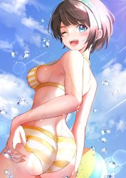 Rule 34 | 1girl, absurdres, adjusting clothes, adjusting swimsuit, artist request, ass, ball, bare arms, bare shoulders, beachball, bikini, blue eyes, blue sky, blush, breasts, brown hair, cloud, cloudy sky, commentary request, day, duplicate, fingernails, from behind, hair ornament, hairband, highres, hololive, looking at viewer, looking back, medium breasts, one eye closed, oozora subaru, oozora subaru (hololive summer 2019), open mouth, outdoors, polka dot, short hair, simple background, sky, smile, solo, striped bikini, striped clothes, sunlight, swimsuit, teeth, virtual youtuber, water, water drop, wet