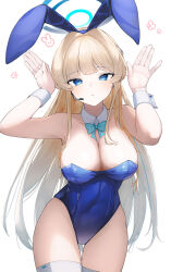Rule 34 | 1girl, absurdres, animal ears, aqua bow, aqua bowtie, bare arms, bare shoulders, blonde hair, blue archive, blue hairband, blush, bow, bowtie, breasts, cleavage, closed mouth, covered navel, cowboy shot, detached collar, fake animal ears, hair ornament, hairband, halo, hands up, highres, large breasts, leotard, long hair, looking at viewer, playboy bunny, rabbit ears, simple background, solo, thigh gap, thighhighs, thighs, toki (blue archive), toki (bunny) (blue archive), white background, white thighhighs, wrist cuffs, yeoni mon