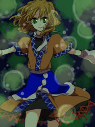 Rule 34 | 1girl, blonde hair, blue skirt, closed mouth, cowboy shot, female focus, green eyes, looking at viewer, lowres, mizuhashi parsee, popoin, puffy short sleeves, puffy sleeves, short hair, short sleeves, skirt, smile, solo, touhou