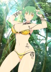 Rule 34 | 10s, 1girl, :o, armpits, arms up, bikini, bra, breast tattoo, breasts, bunching hair, female focus, forest, from below, green hair, groin, highres, hikage (senran kagura), holding, holding hair, large breasts, layered bikini, lens flare, light rays, looking at viewer, looking down, nature, navel, official art, open mouth, panties, senran kagura, short hair, short twintails, side-tie bikini bottom, side-tie panties, sky, slit pupils, solo, standing, sunlight, swimsuit, tattoo, tree, twintails, underwear, waifu2x, yaegashi nan, yellow bikini, yellow bra, yellow eyes, yellow panties