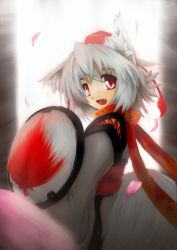 Rule 34 | 1girl, animal ears, bare shoulders, blush, cherry blossoms, detached sleeves, fang, hat, inubashiri momiji, kourindou tengu costume, leaf print, looking at viewer, natui, open mouth, pom pom (clothes), red eyes, shield, short hair, silver hair, solo, tail, tokin hat, touhou, wolf ears, wolf tail