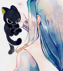 Rule 34 | 2boys, absurdres, angry, animal, black cat, blue hair, cat, from behind, highres, holding, holding animal, holding cat, hwqranxiii, long hair, luo xiaohei, luo xiaohei (cat), luo xiaohei zhanji, multiple boys, simple background, twitter username, white background, wuxian (the legend of luoxiaohei)