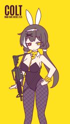 Rule 34 | 1girl, animal ears, bare shoulders, black hair, breasts, colt 9mm smg, detached collar, english text, fishnet pantyhose, fishnets, girls&#039; frontline, gun, hair ornament, hairclip, hand on own hip, heterochromia, highres, leotard, long hair, looking at viewer, necktie, pantyhose, playboy bunny, rabbit ears, rabbit hole (vocaloid), red eyes, ro635 (girls&#039; frontline), simple background, snafu (snafy snu), solo, submachine gun, twintails, weapon, white hair, yellow background, yellow eyes