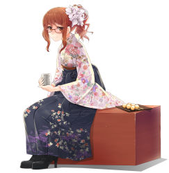 Rule 34 | 1girl, black legwear, block (object), blush, boots, brown eyes, brown hair, commentary, cross-laced footwear, cup, curly hair, dango, drinking glass, floral print, flower, food, from side, full body, glasses, hair flower, hair ornament, hakama, hakama skirt, high heels, highres, holding, holding cup, hunched over, japanese clothes, jitome, kanzashi, kikuko (kazu), kimono, lace-up boots, light blush, looking at viewer, mk (mod0), obi, original, pleated, ponytail, red-framed eyewear, sash, sidelocks, simple background, sitting, skewer, skirt, smile, solo, tray, wagashi, white background, wide sleeves