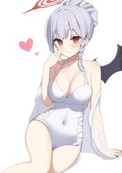 Rule 34 | 1girl, blue archive, blush, braid, breasts, cleavage, commentary request, covered navel, demon wings, grey hair, hair bun, halo, hand on own face, haruna (blue archive), haruna (swimsuit) (blue archive), heart, highres, looking at viewer, medium breasts, nail polish, one-piece swimsuit, red eyes, red nails, sasai nakoto, single braid, single hair bun, smile, solo, swimsuit, white one-piece swimsuit, wings