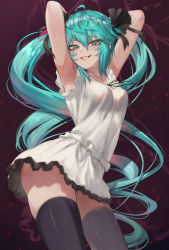 Rule 34 | 1girl, ahoge, armpits, arms behind head, arms up, black ribbon, black thighhighs, blue eyes, blue hair, breasts, commentary request, cowboy shot, dancing, dress, eyes visible through hair, grin, hair between eyes, hair ribbon, hatsune miku, highres, long hair, looking at viewer, me!me!me!, me!me!me! dance (meme), medium breasts, meme, resolution mismatch, revision, ribbon, sleeveless, sleeveless dress, smile, solo, source smaller, standing, supreme (module), thighhighs, torriet, twintails, very long hair, vocaloid, white dress, world is mine (vocaloid)