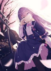 Rule 34 | 1girl, ;), black jacket, black pantyhose, black skirt, blush, bow, brown hair, center frills, cherry blossoms, closed mouth, commentary request, day, dutch angle, frills, graduation, hair between eyes, happy tears, high-waist skirt, jacket, kavka, layered sleeves, long hair, long sleeves, looking at viewer, one eye closed, original, outdoors, pantyhose, petals, pink bow, purple eyes, school uniform, shirt, short over long sleeves, short sleeves, sitting, skirt, smile, solo, tears, tree, tube, very long hair, white shirt