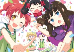 Rule 34 | 5girls, black hair, blonde hair, blue eyes, blush, blush stickers, bow, brown hair, card, character request, closed eyes, facing viewer, fang, fangs, gaaruru (pripara), gloves, hairband, holding, holding card, index finger raised, kurosu aroma, long hair, looking at viewer, meiji (meizi493), multiple girls, open mouth, pointing, pointing at viewer, pretty series, pripara, purple eyes, purple hair, red bow, red hair, shiratama mikan, short hair, short twintails, smile, twintails, white gloves, yellow eyes