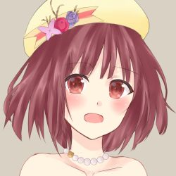 Rule 34 | 1girl, absurdres, artist request, atelier (series), atelier sophie, bare shoulders, blush, bonnet, grey background, highres, open mouth, red eyes, red hair, simple background, solo, sophie neuenmuller