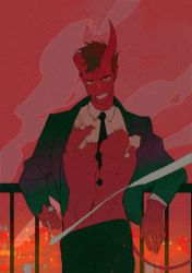 Rule 34 | 1boy, abs, bare pectorals, black jacket, black necktie, black pants, broken horn, brown hair, burnt clothes, cigarette, collared shirt, colored skin, demon boy, fire, highres, horns, jacket, long sleeves, looking at viewer, male focus, navel, necktie, original, pants, parted lips, pectorals, red skin, red sky, red theme, shirt, short hair, sky, smile, smoke, solo, white shirt, xiaoquandianer