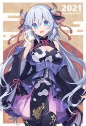 Rule 34 | 1girl, 2021, :d, animal ears, animal print, bare shoulders, blue eyes, blue hair, breasts, cleavage cutout, clothing cutout, commentary request, cow ears, cow girl, cow horns, cow print, cowboy shot, detached sleeves, drink, egasumi, closed eyes, happy new year, high collar, hijiri (resetter), holding, holding drink, horns, japanese clothes, kimono, kimono skirt, long hair, milk, new year, open mouth, original, see-through, sleeves past wrists, smile, solo, thighhighs, very long hair, wide sleeves
