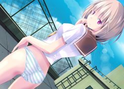 Rule 34 | 1girl, ass, blonde hair, cameltoe, chain-link fence, cloud, dutch angle, fence, from behind, hand on own hip, kazakami shun, lens flare, looking at viewer, looking back, outdoors, panties, red eyes, rooftop, school uniform, seifuku ecchi 5 pantsu no kamigami, serafuku, short hair, sky, solo, standing, striped clothes, striped panties, underwear