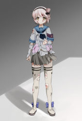 Rule 34 | 1girl, blood, blood on face, blue bow, boots, bow, clenched hands, closed mouth, crying, crying with eyes open, cuts, frown, full body, grey skirt, hairband, highres, injury, looking at viewer, magical girl, mahou shoujo ikusei keikaku, motsutoko, neckerchief, pink hair, pleated skirt, sailor collar, scrape, shirt, short hair, short sleeves, silhouette, skirt, snow white (mahoiku), solo, standing, tears, thigh boots, thighhighs, torn boots, torn clothes, torn shirt, torn skirt, v-shaped eyebrows, white footwear, yellow eyes