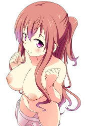 Rule 34 | 1girl, bad id, bad pixiv id, blush, breasts squeezed together, breasts, clothes pull, collarbone, eyebrows, foreshortening, from above, gochuumon wa usagi desu ka?, gradient hair, hair between eyes, hair over breasts, hands on own chest, highres, hoto mocha, inverted nipples, large breasts, long hair, multicolored hair, naruse mai, nipples, nude, pink eyes, pink hair, ponytail, red hair, sidelocks, simple background, skirt, skirt pull, smile, solo, standing, tareme, white background, white skirt