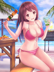 Rule 34 | 1girl, armpit peek, armpits, bare arms, bare shoulders, beach, bench, bikini, bird, blush, breasts, brown eyes, brown hair, cleavage, cloud, cloudy sky, collarbone, cup, day, dorakyura, drink, drinking glass, female focus, food, grill, hands up, holding, holding cup, holding drinking glass, ice, ice cube, island, kebab, large breasts, long hair, looking at viewer, navel, o-ring, o-ring bikini, o-ring top, ocean, open mouth, original, outdoors, pasta, plate, sitting, skewer, sky, smile, solo, spaghetti, striped bikini, striped clothes, swimsuit, table, tomato