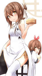 Rule 34 | 10s, 2girls, absurdres, aged down, aged up, alternate costume, bamboo steamer, baozi, blush, bow, brown hair, china dress, chinese clothes, clothes lift, dress, dress lift, dumpling, folded ponytail, food, hair bow, highres, if they mated, inazuma (kancolle), kantai collection, lifted by self, long hair, looking at another, looking at viewer, looking back, mother and daughter, multiple girls, parent and child, red bow, saku (kudrove), school uniform, serafuku, side slit, sidelocks, simple background, sleeveless, sleeveless dress, smile, standing, thighhighs, white background, white dress, white legwear, yellow eyes
