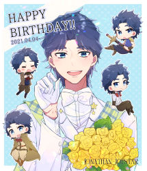 Rule 34 | 1boy, :d, absurdres, blue eyes, blue hair, blush, bouquet, bow, bowtie, chibi, dated, flower, formal, gloves, happy birthday, highres, jojo no kimyou na bouken, jonathan joestar, looking at viewer, male focus, open mouth, phantom blood, scarf, smile, suit, sword, upper body, weapon, white gloves, white neckwear, white suit, yellow flower, yofuke (mu yume)