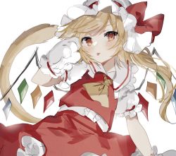 Rule 34 | 1girl, :p, animal hands, ascot, blonde hair, blush, bow, cat tail, center frills, closed mouth, cowboy shot, crystal, flandre scarlet, flat chest, frilled shirt collar, frills, from below, gloves, hand up, hat, hat bow, highres, kemonomimi mode, looking at viewer, mob cap, one side up, paw gloves, puffy short sleeves, puffy sleeves, red bow, red eyes, red skirt, red vest, short hair, short sleeves, simple background, skirt, solo, sorani (kaeru0768), swept bangs, tail, tongue, tongue out, touhou, vest, white background, white hat, wings, yellow ascot