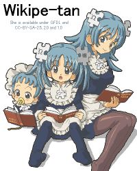 Rule 34 | 3girls, aged down, aged up, apron, aqua eyes, aqua hair, baby, blue dress, blue legwear, blush, book, brown legwear, character name, child, closed mouth, commentary, dress, duplicate, english commentary, frills, hair ornament, holding, holding book, invisible chair, jaggy lines, kasuga (kasuga39), long hair, long sleeves, looking at viewer, lowres, mouth hold, multiple girls, multiple persona, no shoes, oekaki, official art, open book, open mouth, pacifier, pantyhose, pixel art, puzzle piece hair ornament, reading, simple background, sitting, smile, split mouth, time paradox, twintails, waist apron, white apron, white background, wikipe-tan, wikipedia