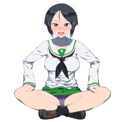 Rule 34 | 10s, 1girl, alternate costume, black eyes, black hair, black neckerchief, black socks, blouse, blush, brown footwear, chouno ami, commentary, crotch seam, full body, girls und panzer, green skirt, hands on legs, highres, holding, indian style, loafers, long sleeves, looking at viewer, miniskirt, neckerchief, onsen tamago (hs egg), ooarai school uniform, open mouth, panties, pantyshot, pleated skirt, purple panties, school uniform, serafuku, shirt, shoes, short hair, simple background, sitting, skirt, smile, socks, solo, sweatdrop, swept bangs, underwear, v-shaped eyebrows, white background, white shirt