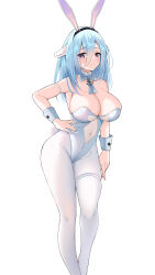 Rule 34 | 1girl, absurdres, animal ears, azur lane, bare shoulders, blue bow, blue bowtie, blue hair, blush, bow, bowtie, breasts, catnnn, closed mouth, constellation (azur lane), constellation (galaxy&#039;s finest) (azur lane), covered navel, detached collar, fake animal ears, feet out of frame, groin, hand on own hip, headgear, highres, large breasts, leotard, long bangs, long hair, looking at viewer, official alternate costume, pantyhose, playboy bunny, purple eyes, rabbit ears, simple background, smile, solo, standing, thigh strap, white background, white leotard, white pantyhose, wrist cuffs