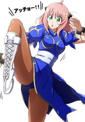 Rule 34 | 1girl, absurdres, aged up, anya (spy x family), blue dress, blue panties, boots, bracelet, brown pantyhose, capcom, chinese clothes, chun-li, chun-li (cosplay), commentary request, cosplay, cross-laced footwear, dress, fighting stance, frown, green eyes, hairpods, high collar, highres, jewelry, lace-up boots, leg up, looking at viewer, medium dress, medium hair, motion lines, omachi (slabco), open mouth, panties, panties under pantyhose, pantyhose, pelvic curtain, pink hair, puffy short sleeves, puffy sleeves, short sleeves, simple background, solo, spiked bracelet, spikes, spy x family, standing, standing on one leg, street fighter, translated, underwear, white background, white footwear