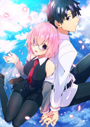 Rule 34 | 1boy, 1girl, absurdres, back-to-back, bare shoulders, belt, between breasts, black-framed eyewear, black belt, black dress, black hair, black pants, black pantyhose, blue eyes, blue sky, blush, breasts, brown footwear, chaldea uniform, closed mouth, cloud, collared dress, command spell, commentary request, dress, eyes visible through hair, fate/grand order, fate (series), fingernails, fujimaru ritsuka (male), glasses, grey jacket, hair between eyes, hair over one eye, hand on another&#039;s hand, height difference, highres, holding, holding hands, hood, hood down, hooded jacket, jacket, large breasts, light purple hair, long sleeves, looking at viewer, looking up, mash kyrielight, necktie, necktie between breasts, off shoulder, open clothes, open jacket, open mouth, pants, pantyhose, petals, pocket, purple eyes, red neckwear, reflection, reflective water, shoes, short hair, sitting, sky, smile, standing, standing on liquid, tongue, uniform, wasa (wanosabi), white jacket
