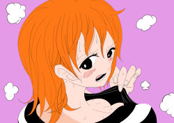 Rule 34 | black eyes, blush, breasts, cleavage, close-up, derivative work, downblouse, dress, eyelashes, fingernails, from behind, kuma (jpzd8483), large breasts, looking back, medium hair, messy hair, nami (one piece), nape, neck, one piece, open mouth, orange hair, pink background, shirt, shirt tug, simple background, solo, steam, steaming body, striped clothes, striped shirt, sweat, upper body, very sweaty