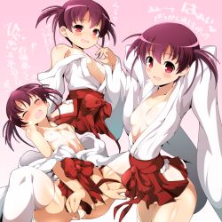 Rule 34 | 1girl, arms behind head, bare shoulders, blush, breasts, closed eyes, gradient background, hakama, hakama short skirt, hakama skirt, highres, implied sex, japanese clothes, looking at viewer, miko, nipples, one-piece tan, open mouth, pink background, red eyes, red hakama, saki (manga), short twintails, skirt, small breasts, smile, solo, tan, tanline, thighhighs, thighs, topless, translation request, twintails, usuzumi hatsumi, white thighhighs, wide sleeves, xiao rui rui