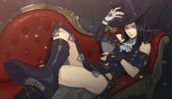 Rule 34 | 1boy, androgynous, bare shoulders, black hair, boots, choker, fingerless gloves, gloves, guilty gear, guilty gear strive, hat, highres, long hair, looking at viewer, one eye closed, red eyes, skirt, skull, solo, testament (guilty gear), top hat, trap, udakyo