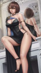 Rule 34 | 1girl, ahoge, armlet, artist name, asymmetrical clothes, azur lane, baltimore (azur lane), baltimore (evening breeze minuet) (azur lane), bare legs, black footwear, braid, breasts, brown hair, candle, chandelier, cleavage, collarbone, commentary, dress, english commentary, high heels, highres, indoors, large breasts, leg up, lips, looking at viewer, mirror, official alternate costume, parted lips, reflection, sciamano240, short hair, sideless outfit, signature, single-shoulder dress, single bare shoulder, solo, thighs, yellow eyes