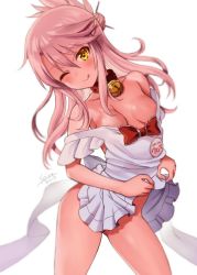 Rule 34 | 1girl, apron, apron lift, arched back, bare shoulders, bell, blush, bow, breasts, chloe von einzbern, closed mouth, clothes lift, collar, collarbone, cosplay, dark-skinned female, dark skin, fate/grand order, fate/kaleid liner prisma illya, fate (series), hair between eyes, hair ornament, hairpin, half updo, jingle bell, licking lips, long hair, looking at viewer, naked apron, neck bell, off shoulder, one eye closed, pink hair, red bow, seiru (prairie), sidelocks, simple background, small breasts, smile, solo, swept bangs, tamamo (fate), tamamo cat (fate), tamamo cat (fate) (cosplay), tan, thighs, tongue, tongue out, white background, yellow eyes