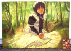 Rule 34 | 1girl, black dress, dress, forest, lips, long sleeves, maid, maid headdress, momiji mao, nature, original, outdoors, own hands together, ree (shaun healey), smile, solo, v arms