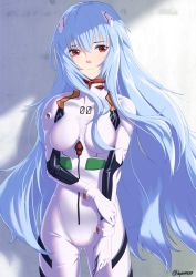 Rule 34 | 1girl, alternate hair length, alternate hairstyle, artist name, ayanami rei, blue hair, bodysuit, breasts, clothes writing, cowboy shot, evangelion: 3.0+1.0 thrice upon a time, hair between eyes, highres, interface headset, long hair, looking at viewer, medium breasts, morino (harpoomoss), neon genesis evangelion, plugsuit, rebuild of evangelion, red eyes, solo, taut clothes, very long hair, wall, white bodysuit