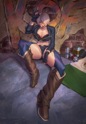 Rule 34 | angel (kof), black panties, boots, bra, breasts, chaps, cowboy boots, cropped jacket, horns pose, fingerless gloves, gloves, hair over one eye, highres, index fingers raised, jacket, large breasts, leather, leather jacket, mexican flag, mexico, panties, rattlepool, snk, strapless, strapless bra, the king of fighters, the king of fighters xiv, toned, underwear, white hair