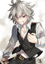 Rule 34 | 1boy, ahoge, belt, black pants, blood, blood on clothes, commentary, dirt, dirty, dirty clothes, dirty face, fate/apocrypha, fate (series), hair between eyes, highres, holding, holding sword, holding weapon, long sleeves, looking at viewer, male focus, nikame, pants, red eyes, shirt, shoes, short hair, sieg (fate), silver hair, solo, sword, waistcoat, weapon, white shirt