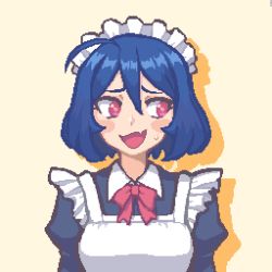 Rule 34 | 1girl, ahoge, apron, artist name, blue hair, blush, bow, breasts, embarrassed, eyebrows, fang, hcnone, long sleeves, maid, maid apron, maid day, maid headdress, medium breasts, open mouth, original, pink eyes, pixel art, puffy long sleeves, puffy sleeves, red bow, short hair, skye (hcnone), smile, solo, sweatdrop
