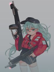 Rule 34 | 1girl, aa-12, alternate costume, blue eyes, blue hair, collarbone, commentary request, contrapposto, cropped jacket, dual wielding, floating hair, furrowed brow, grey background, gun, half-closed eyes, hand up, hibiki (kancolle), highres, holding, holding gun, holding weapon, hood, hood down, hooded jacket, jacket, kantai collection, kuro4221, laser sight, life vest, light blue hair, light smile, long hair, long sleeves, looking at viewer, old school swimsuit, red jacket, school swimsuit, shotgun, solo, swimsuit, swimsuit under clothes, thighhighs, trigger discipline, weapon, white thighhighs